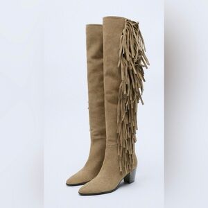 Zara Tan Over the Knee Fringe Cowboy Boots Western Bohemian Heel NWOT 6.5